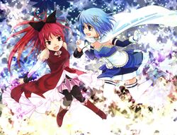  2girls bare_shoulders birman_h black_legwear blue_eyes blue_hair boots cape elbow_gloves fang gloves hair_ornament hair_ribbon hairclip holding_hands long_hair mahou_shoujo_madoka_magica miki_sayaka multiple_girls open_mouth ponytail red_eyes redhead ribbon sakura_kyouko short_hair skirt star thigh-highs white_legwear 