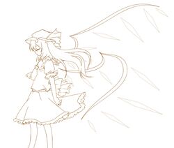  ascot closed_eyes eyes_closed flandre_scarlet lineart long_hair miki_(mizuki) monochrome solo touhou wings 