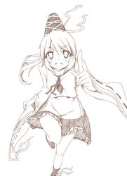  bare_legs blush empty_eyes fang fingers hat japanese_clothes kariginu long_hair monochrome mononobe_no_futo running simple_background skirt smile solo touhou wide_sleeves yuuki1924 