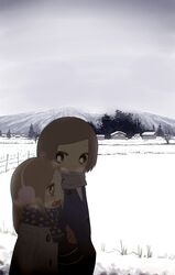  arm_holding blush breath brown_eyes brown_hair coat earmuffs highres long_hair mizu_asato mountain multiple_girls open_mouth original rural scarf scenery short_hair smile snow winter winter_clothes 