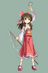  bow brown_eyes brown_hair card detached_sleeves footwear gohei hair_bow hair_tubes hakurei_reimu japanese_clothes long_hair magic:_the_gathering miko ofuda payot simple_background sixten socks solo touhou yin_yang 