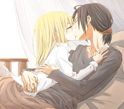  2girls bed black_hair blonde_hair christa_renz closed_eyes gogono_pan'ya hug kiss long_sleeves lying multiple_girls shingeki_no_kyojin short_hair skirt ymir_(shingeki_no_kyojin) yuri 