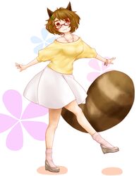  1girl :3 animal_ears bangle bare_shoulders bracelet brown_eyes brown_hair contemporary futatsuiwa_mamizou glasses hair_ornament hairclip high_heels highres honey-honey-honey jewelry leaf raccoon_ears raccoon_tail red-framed_glasses ring shoes short_hair tail touhou 