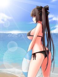 1girl ass beach bikini black_hair from_behind hsuliherng innertube long_hair original red_eyes swimsuit twintails