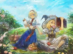  alice_margatroid apple apron blonde_hair blue_eyes bow braid capelet cup doughnut flower food fruit hair_bow hairband hat kasudaao kirisame_marisa long_hair mouth_hold multiple_girls picnic picnic_basket pot pouring reading short_hair single_braid sitting teacup touhou waist_apron witch witch_hat yellow_eyes 