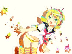  blonde_hair green_eyes hair_ornament hairclip headphones kagamine_rin keishi no_pants open_mouth panties short_hair solo striped striped_legwear thigh-highs thighhighs underwear vocaloid 
