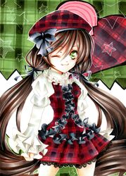  :3 alternate_costume beret bow brown_hair frilled_sleeves frills green_eyes hair_between_eyes hat hat_bow lace marker_(medium) nm_xyukky rozen_maiden solo star suiseiseki traditional_media twintails wink 