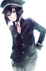  angel_beats! black_hair blazer brown_eyes hand_on_hip hat hips koromi male naoi_ayato solo white_background 