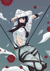  abs belt black_hair blood broken_sword dual_wielding mikasa_ackerman saily87123 scarf shingeki_no_kyojin short_hair thigh_strap weapon 