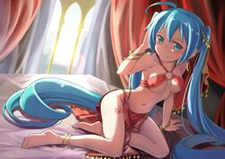  ahoge anklet aqua_eyes aqua_hair aqua_nails arabian_clothes barefoot beek blush bracelet breasts earrings feet hair_ornament hatsune_miku highres jewelry legs long_hair looking_at_viewer midriff nail_polish navel on_side sitting smile solo tattoo toenail_polish toes twintails under_boob underboob very_long_hair vocaloid yokozuwari 