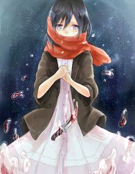  black_eyes black_hair blood blush dress knife mikasa_ackerman scarf shingeki_no_kyojin shinsha_(as8521) tears 
