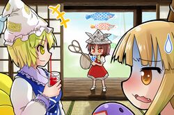  :3 blood chen commentary commentary_request hat ibuki_suika morioka_itari multiple_girls nosebleed open_mouth smile sweatdrop touhou yakumo_ran 