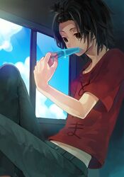  ano_hi_mita_hana_no_namae_wo_bokutachi_wa_mada_shiranai black_hair brown_eyes casual forehead high_ponytail hiyo_kiki male popsicle short_hair window yadomi_jinta 