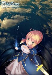  absurdres ahoge blonde_hair crystal dated dress excalibur fate/zero fate_(series) glowing glowing_weapon green_eyes hair_ribbon highres magic reflection ribbon saber sky solo sword title_drop water weapon wei_ji 