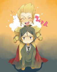  ^_^ armor black_eyes blonde_hair chibi closed_eyes eyes_closed fate/zero fate_(series) gilgamesh green_hair hair_pull male multiple_boys nnn_fz pulling_hair waver_velvet 