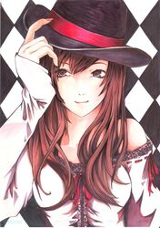  adjusting_hat argyle argyle_background bare_shoulders brown_eyes brown_hair devildogs graphite_(medium) hat long_hair marker_(medium) nail_polish original smile solo top_hat traditional_media 