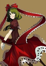  brown_background green_eyes green_hair hair_ribbon kagiyama_hina looking_at_viewer orgia ribbon smile solo touhou wrist_cuffs 
