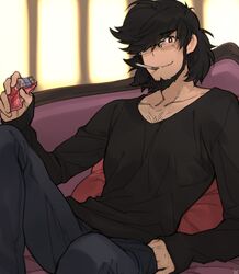  beard black_eyes black_hair cigarette facial_hair glasses jigen_daisuke lupin_iii male short_hair solo toujou_sakana 