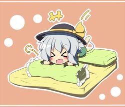  >_< :d chibi futon hat komeiji_koishi open_mouth pillow senba_chidori short_hair smile solo touhou 