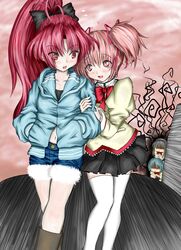  4girls akemi_homura black_hair blue_hair boots highres jealous kaname_madoka mahou_shoujo_madoka_magica miki_sayaka multiple_girls pink_eyes pink_hair red_eyes redhead sakura_kyouko school_uniform thigh-highs white_legwear yuri 