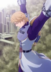  blonde_hair chain chains epaulettes jetpack keith_goodman male power_suit short_hair sky_high solo superhero tied_up tiger_&amp;_bunny yuru-chara 