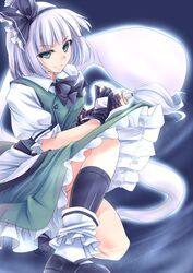  black_gloves gloves green_eyes hairband highres kinntarou konpaku_youmu konpaku_youmu_(ghost) short_hair silver_hair solo squatting sword touhou weapon white_hair 
