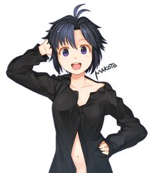  :d black_hair character_name hand_on_hip hand_on_own_head hips idolmaster kikuchi_makoto navel open_mouth purple_eyes ran_system shirt simple_background smile solo violet_eyes white_background 