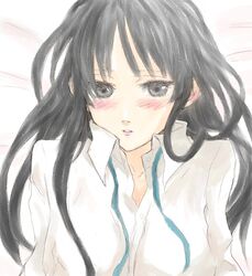 2girls akiyama_mio alternate_hairstyle bed black_eyes black_hair blush breasts gogono_pan'ya gogono_pan'ya hime_cut k-on! large_breasts long_hair lying multiple_girls school_uniform shy solo uniform 