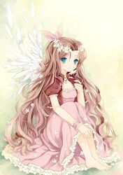  aerith_gainsborough barefoot brown_hair dress final_fantasy final_fantasy_vii flower green_eyes head_wreath long_hair smile solo very_long_hair wataame27 