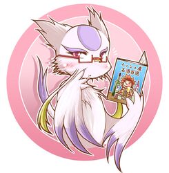  beer bespectacled book bottle glasses holding holding_book mienshao open_book pink_eyes pokemon pokemon_(game) pokemon_bw purple_eyes red-framed_glasses red_hair redhead sougetsu_(yosinoya35) violet_eyes yosinoya35 