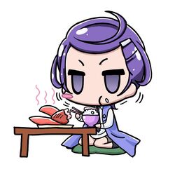  1girl blush_stickers chibi chopsticks crab dokidoki!_precure eating food food_on_face kenzaki_makoto precure purple_hair rice rice_on_face sata_(sat) short_hair simple_background sitting solo table violet_eyes white_background 