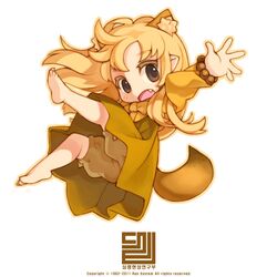  animal_ears barefoot blonde_hair bloomers brown_eyes chibi dress fang fox_ears fox_tail long_hair open_mouth original outstretched_arms ran_system shorts solo tail 