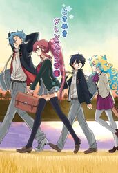  2girls arms_up bag blazer blue_hair hisui_(paingumi) kamina multicolored_hair multiple_boys multiple_girls nia_teppelin ponytail red_hair redhead school_uniform shoulder_bag simon skirt tengen_toppa_gurren_lagann thigh-highs thighhighs two-tone_hair yoko_littner 