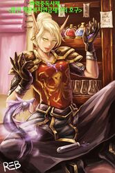  absurdres blonde_hair bloodelf character_name green_eyes highres pointy_ears potion rebell shoulder_pads test_tube tongue warcraft world_of_warcraft 