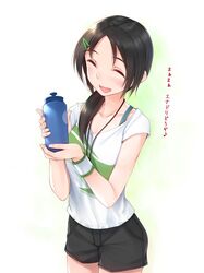  ^_^ black_hair blush bottle closed_eyes eyes_closed hair_ornament hairclip highres idolmaster idolmaster_cinderella_girls long_hair open_mouth rookie_trainer shorts smile solo squirt_bottle trainer_(idolmaster) translated water_bottle wristband yuki_usagi_(mofurafu) 