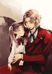  1girl age_difference black_legwear blue_eyes brown_hair child dethmath facial_hair fate/zero fate_(series) father_and_daughter formal goatee hair_ribbon long_hair ribbon suit thigh-highs thighhighs tohsaka_rin tohsaka_tokiomi toosaka_rin toosaka_tokiomi twintails young 