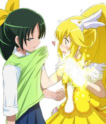  bike_shorts blonde_hair blush clothes_grab commentary cure_peace dress electricity green_eyes green_hair hair_ornament heart kise_yayoi long_hair looking_away magical_girl midorikawa_nao multiple_girls open_mouth ponytail precure punching short_hair skirt sleeves_rolled_up smile_precure! suzushiro_yukari sweater_vest translated trembling v wrist_cuffs yellow_dress yellow_eyes yuri 