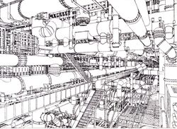  factory highres industrial monochrome no_humans original perspective pipes railing scenery sketch stairs traditional_media 