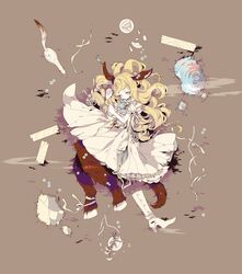  animal_ears blonde_hair boots brown_background dress hoof hooves original shikimi_(yurakuru) simple_background solo surreal 