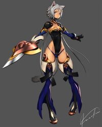  animal_ears black_legwear blue_eyes boots breasts cleavage dark_skin gloves highres hips kazakami_yuu leotard looking_at_viewer original outstretched_arms pigeon-toed short_hair signature silver_hair simple_background solo spread_arms thigh-highs thigh_boots thighhighs weapon 