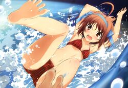  absurdres ahoge barefoot bikini breasts brown_hair cleavage feet hair_ribbon highres legs nyantype official_art open_mouth papa_no_iu_koto_wo_kikinasai! papa_no_iukoto_wo_kikinasai! plaid plaid_bikini red_eyes ribbon scan soles solo swimsuit swimsuits takanashi_sora tears toes water water_slide waterslide 