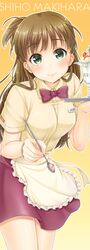  apron bowtie brown_hair carrying character_name food gradient gradient_background green_eyes holding ice_cream idolmaster idolmaster_cinderella_girls k.y_ko long_hair looking_at_viewer makihara_shiho ponytail shirt skirt smile solo spoon sundae tray waist_apron waitress 
