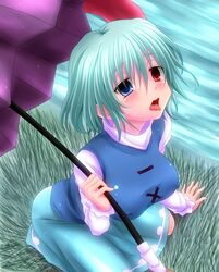  aqua_hair blue_eyes blush breasts grass heterochromia highres karakasa_obake large_breasts red_eyes short_hair solo tatara_kogasa tongue tongue_out touhou umbrella watarui water 