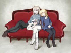  ascot black_legwear blonde_hair blue_eyes boots couch eila_ilmatar_juutilainen glasses green_eyes grey_hair highres lap_pillow lying military military_uniform mingo_(min5san) multiple_girls pantyhose perrine_h_clostermann petting pimp purple_eyes sanya_v_litvyak sitting smile strike_witches uniform violet_eyes white_legwear yellow_eyes yuri zipper 