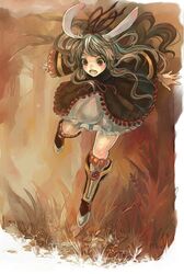  :d animal_ears boots brown_hair bunny_ears dress leg_up long_hair open_mouth original rabbit_ears red_eyes smile solo sweetwitch 