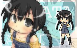 black_hair braid mitsudomoe mole nacha_(artist) ogata_airi overalls solo twin_braids 