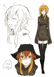  arisaka_ako bad_id highres long_hair looking_at_viewer monochrome original smile solo thigh-highs thighhighs 