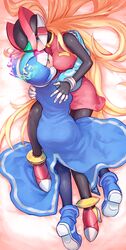  black_legwear blue_eyes breasts closed_eyes dress eyes_closed fingerless_gloves genderswap gloves helmet high_heels highres lying pantyhose rockman rockman_zero shoes skirt t-tom tsutomu_(artist) x x_(rockman) yuri zero_(rockman) 