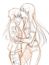  2girls alternate_costume bare_shoulders blush breasts cleavage closed_eyes detached_sleeves eleonore_kliesen emilie_de_rochefort forehead_kiss height_difference kiss long_hair monochrome multiple_girls reverse_trap ryuuki_(hydrangea) scarf sketch tekken tekken_6 tomboy yuri 