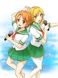  aizawa_natsumi akihisa201 blonde_hair female long_hair microphone mizukoshi_saki multiple_girls natsuiro_kiseki orange_eyes orange_hair pleated_skirt school_uniform serafuku short_hair singing skirt sparkle yellow_eyes 